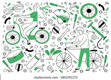 Fahrraddoodle-Set. Sammlung von handgezeichneten Skizzen aus verschiedenen Bereichen des Fahrrades oder Fahrrades und Menschen, die mit dem Transportfahrzeug fahren. Illustration zum Transport und zur Wartung oder Reparatur.