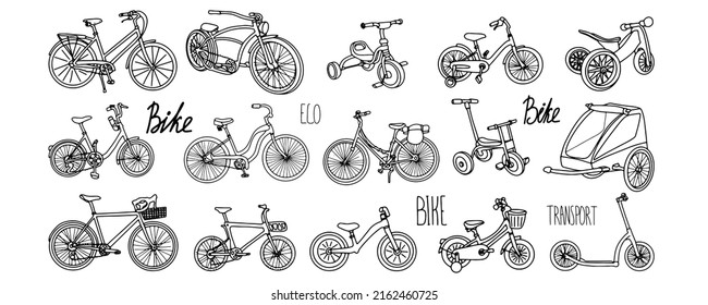 Bicycle doodle set with kid, male, female bike. Eco transport collection