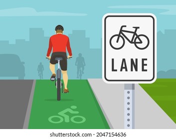 Bicycle driving tips. Back view of people cycling on bike path. City bike lane traffic or road sign. Flat vector illustration template.
