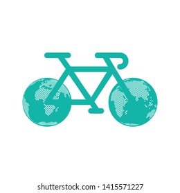 Bicycle with earth globe wheels isolated on white. Earth day and bicycle day concept vector illustration