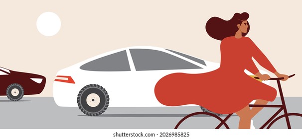 Fahrrad als umweltfreundlicher Transport. Flache Vektorgrafik. Junge Frau fährt Fahrrad. Autos auf der Straße. Straße mit Asphalt. Umweltbewusstsein. Fahrradfahren. Cyclist versus Auto