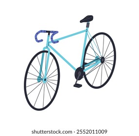 Bicycle, eco transport. Bike, modern design. Sport vehicle for cycling, fitness, road travel. Handlebars, pedals and wheels in perspective. Flat vector illustration isolated on white background