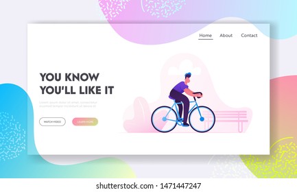 Bicycle Eco Transport Website Landing Page. Man Cyclist Riding Bike Outdoors in City Park. Active Sport Life and Healthy Lifestyle Activity. Bike Rider Web Page Banner Cartoon Flat Vector Illustration