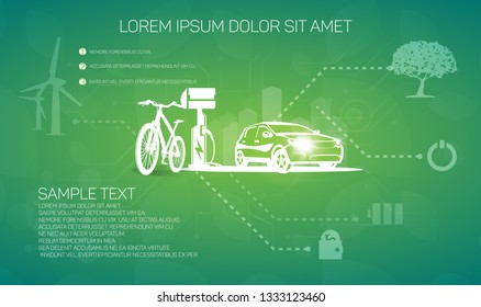 Bicycle and electric car, urban environmentally friendly transport.