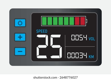 Bicycle. Electric bicycle. Electric bicycle and charging screen. Road travel screen, data.