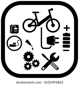 Símbolo de reparação e manutenção elétrica de bicicleta, ícone de serviço de bicicleta