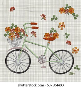 Bicycle Embroidery with flower in basket. Vector embroidery ideas, ornament for textile,  fashion, fabric pattern. Linen cloth texture. Hoop art