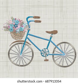 Bicycle Embroidery with small blue flowers in basket. Vector embroidery design, ornament for textile,  fashion, fabric pattern. Linen cloth texture. Hoop art