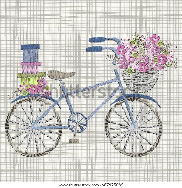 Bicycle Embroidery Small Blue Flowers Basket Stock Vector (Royalty Free ...