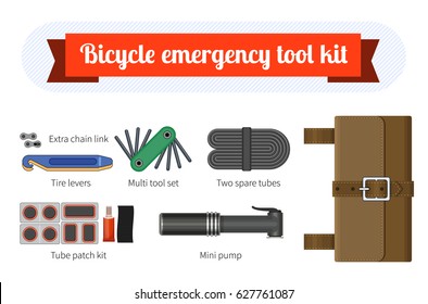 Bicycle emergency tool kit with tool bag. Isolated vector illustration