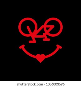 Bicycle Emoji. Bike Smile, Emoticon or Smiling Face. I Love Cycling Concept. Vector Illustration. Red Icon on a Black Background. Original Artwork for Graphic Design, Social Media, T-Shirt Print.