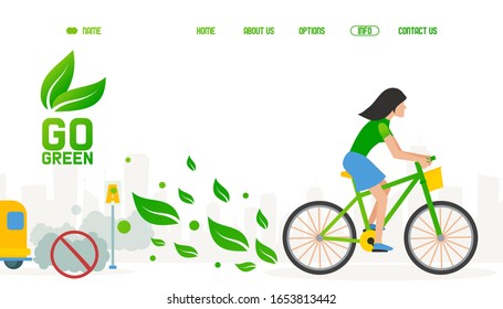 Bicycle environment friendly transport, website design vector illustration. Woman cycling, cartoon character in flat style. Eco lifestyle, bicycle as clean city transport option, environment activist