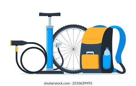 Composição do equipamento da bicicleta. Engrenagem de ciclista, roupa esportiva para motociclista, acessórios de pista para treinamento de esportes radicais isolados em branco. Ilustração vetorial