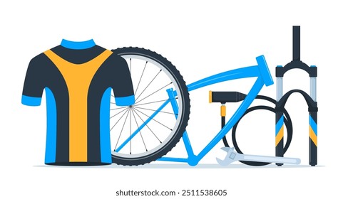 Composição do equipamento da bicicleta. Engrenagem de ciclista, roupa esportiva para motociclista, acessórios de pista para treinamento de esportes radicais isolados em branco. Ilustração vetorial