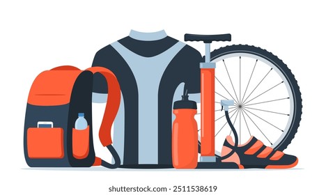 Composição do equipamento da bicicleta. Engrenagem de ciclista, roupa esportiva para motociclista, acessórios de pista para treinamento de esportes radicais isolados em branco. Ilustração vetorial