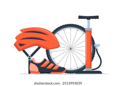 Composição do equipamento da bicicleta. Engrenagem de ciclista, roupa esportiva para motociclista, acessórios de pista para treinamento de esportes radicais isolados em branco. Ilustração vetorial