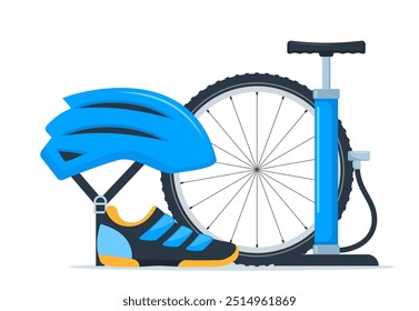 Bicycle equipment composition. Cyclist gear, sportswear for biker, track accessories for extreme sport training isolated on white. Vector illustration