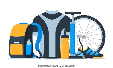 Composição do equipamento da bicicleta. Engrenagem de ciclista, roupa esportiva para motociclista, acessórios de pista para treinamento de esportes radicais isolados em branco. Ilustração vetorial