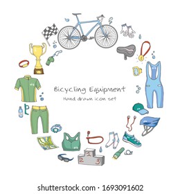 Equipo de bicicleta conjunto dibujado a mano, doodle vectorial ilustración de varios iconos estilizados, accesorios para bicicletas Colección de sketch, equipo, ropa y zapatos para bicicletas, trofeo, botella de agua, mapa, casco