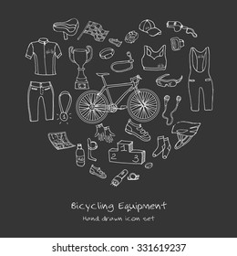 Bicycle equipment hand drawn set, doodle vector illustration of various stylized bicycle icons, bicycling equipment and accessories icons sketch collection, bicycling gear, cycling cloth and shoes