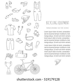 Bicycle equipment hand drawn set. Doodle vector illustration of various stylized bicycling icons. Cartoon equipment. Sketch accessories elements collection, cycling gear, cloth, shoes, cup, helmet