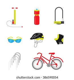 Bicycle equipment icon vector set. Bike and glove, sunglasses  and uniform cyclist illustration. Red black bike equipment icon for sport