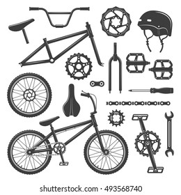 Bicycle equipment and parts set of vector black icons, symbols and design elements isolated on white background. Sport bmx bike with repair components illustration