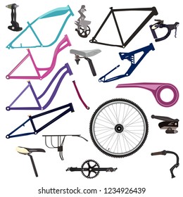 Bicycle equipment and parts vector illustration isolated on white background. Sport road, mountain, bmx, city bike frames, handlebars, saddle, wheel etc.