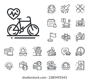Bicycle exercise sign. Plane jet, travel map and baggage claim outline icons. Cardio bike training line icon. Gym fit heartbeat symbol. Cardio bike line sign. Car rental, taxi transport icon. Vector