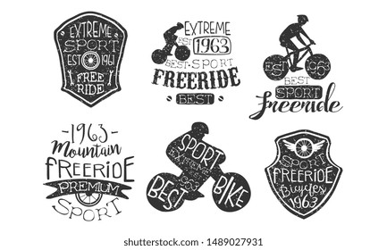 Bicycle Extreme Sport Retro Labels Set, Freeride Hand Drawn Badges Monochrome Vector Illustration