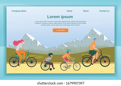 Bicycle Family Ride Together with Disabled Kid. Mom, Dad, Daughter, and Little Son in Wheelchair, Spending Active Weekend Together in Open. Flat Vector Landing Page with Copy Space for Extra Text.