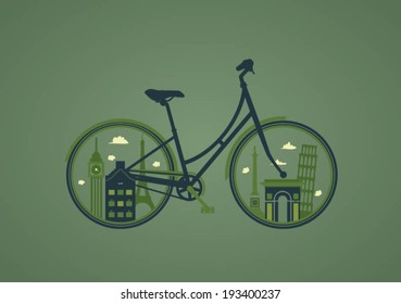 Bicycle with famous buildings in its wheel