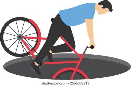 Bicycle fell into a pit. Danger. Flat vector illustration

