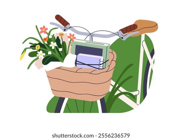 Bicycle with field flower bouquet and books in basket. Rural vibe with wildflowers and diaries, bike in countryside nature on summer holiday. Flat vector illustration isolated on white background