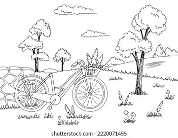 Bicycle in field graphic black white landscape sketch illustration vector 