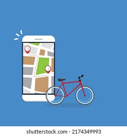 bicycle, fitness tracking app or sharing bike app on mobile phone screen