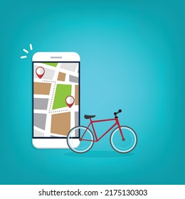 bicycle, fitness tracking app or sharing bike app on mobile phone screen