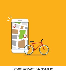 bicycle, fitness tracking app or sharing bike app on mobile phone screen