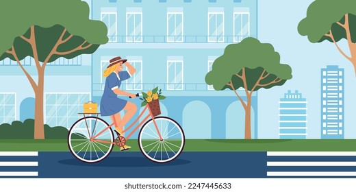 Composición plana de la bicicleta con una joven feliz montando en la ciudad ilustración vectorial