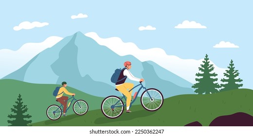 Bicycle flat concept with people riding bikes with mountaing on background vector illustration