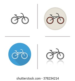 Bicycle flat design, linear and color icons set. Mountain bike icons. Racing sport and bmx bicycle. Long shadow logo concept. City bicycle isolated vector illustrations. Infographic elements