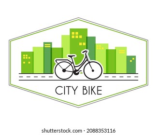 Fahrradflachsymbol auf grünem Stadthintergrund, ökologischer Verkehr.