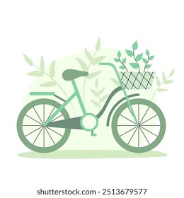 Una bicicleta con un fondo floral. Concepto de transporte ecológico. Ilustración vectorial plana.