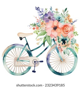 Bicycle with floral Spring Watercolor Clipart 