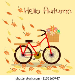Bicycle and flower basket in autumn season background. Autumn theme greeting cards.