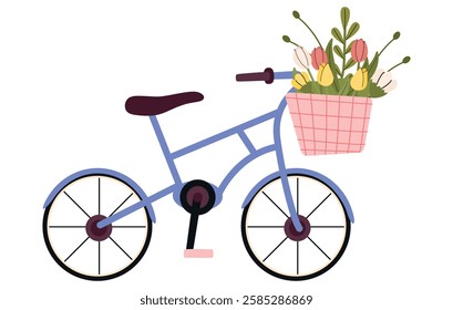 Bicycle with flower basket in hand drawn style. Cute vector bike with flowers.