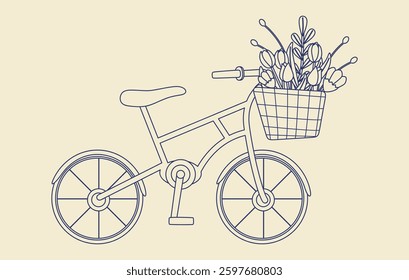 Bicycle with flower basket in hand drawn vintage style. Cute vector bike with flowers in flat retro style.