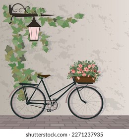 Bicicleta con cesta de flores cerca de la pared con linterna colgante. Ilustración del vector