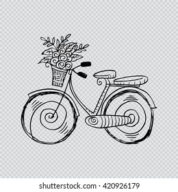 Bicycle with flower basket. Sketchy style.