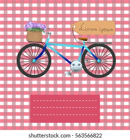 Bicycle with flower baskets on a plaid background. Greeting card with bike - Vector Illustration